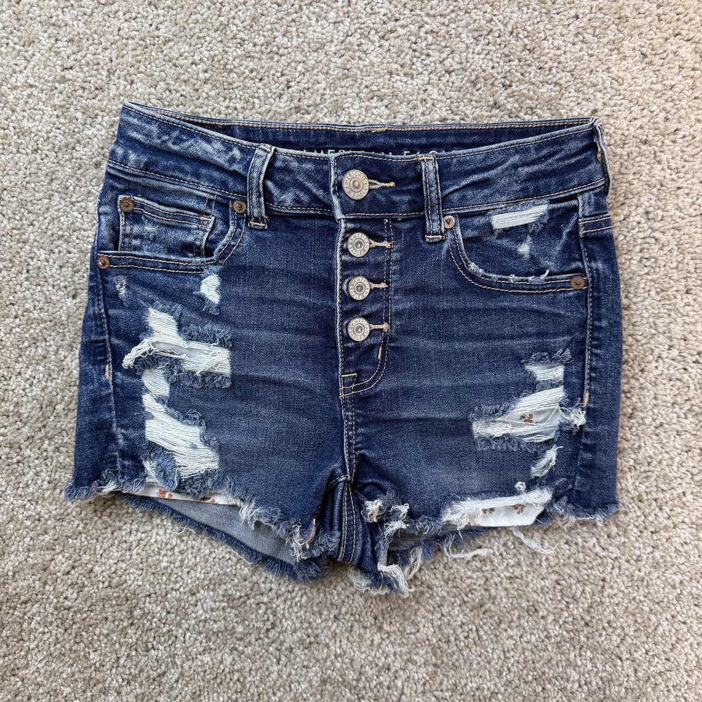 American Eagle Hi Rise Shortie Denim Shorts Womens 4 Blue Distressed Frayed